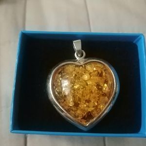 Amber and White Gold Plated Heart Pendant